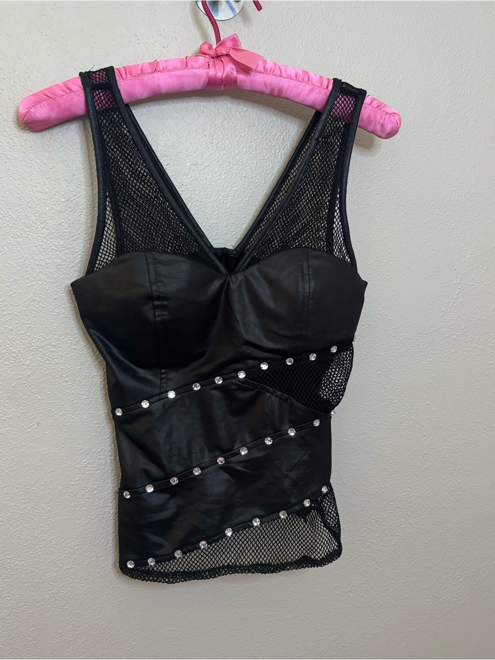 Y2K Lover’s Lane Black Faux Leather Mesh Rhinestone Club Tank Top Sz S biker